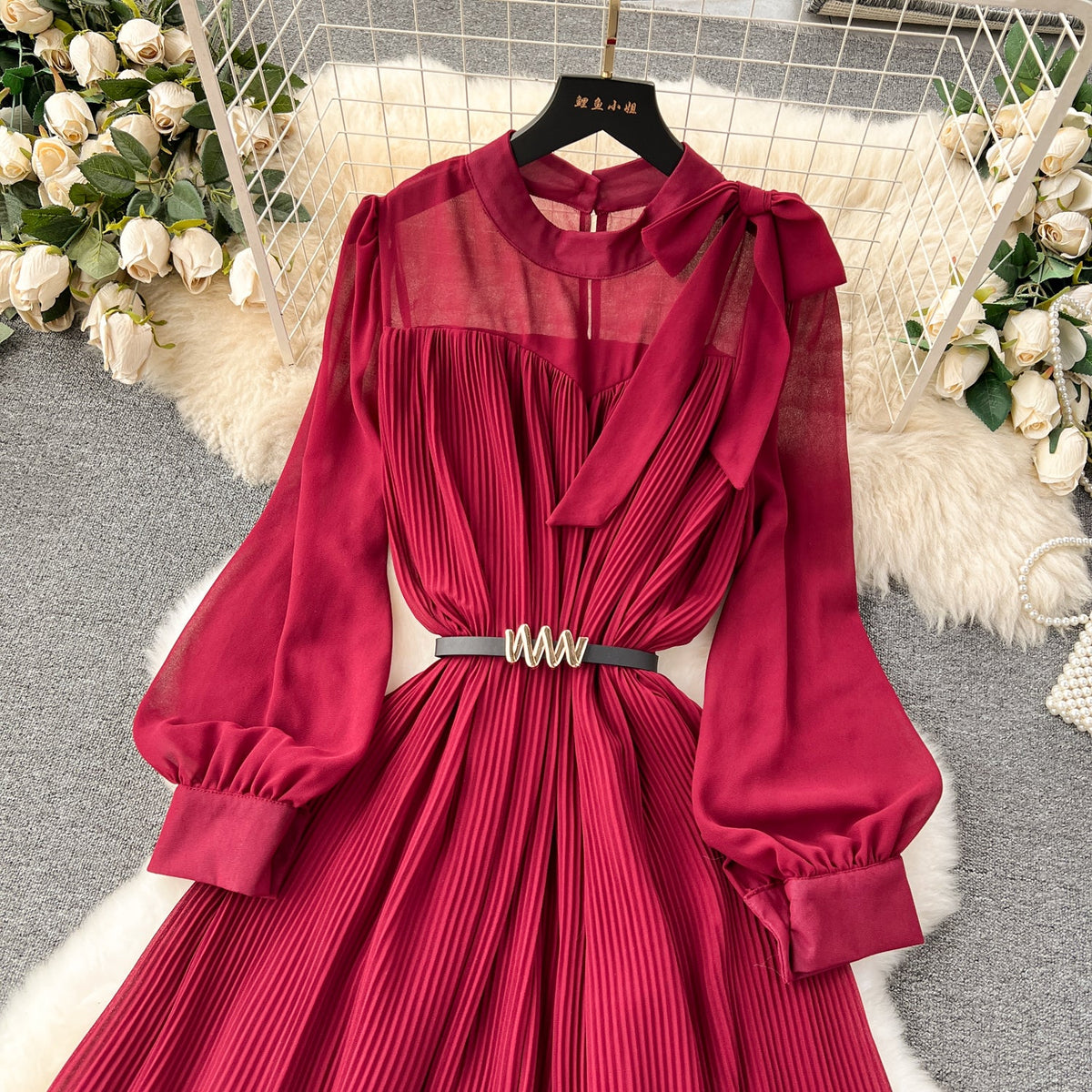 Bow-tie Pleated Chiffon Maxi Dress