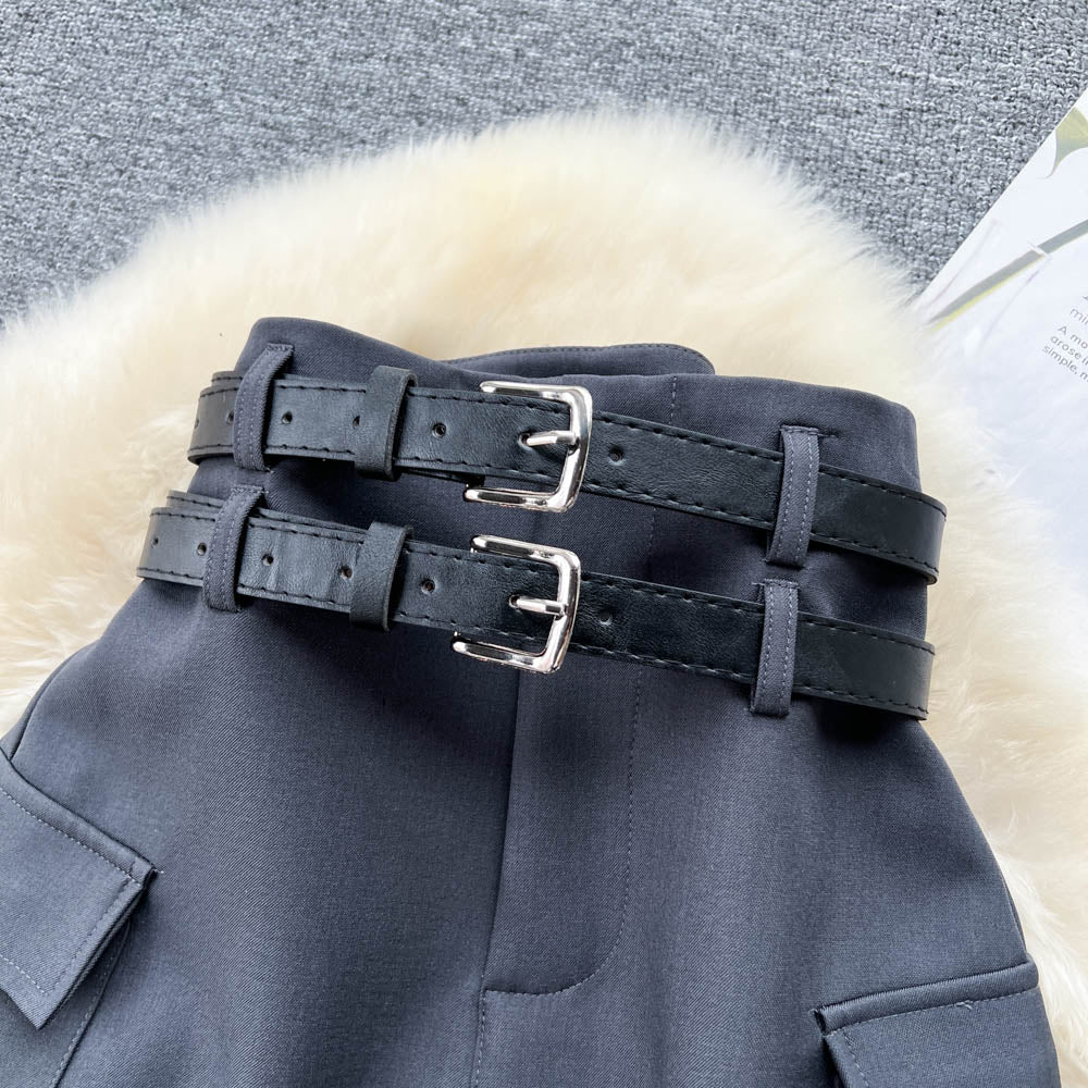 Twin Belt High Waist Suit Skirt