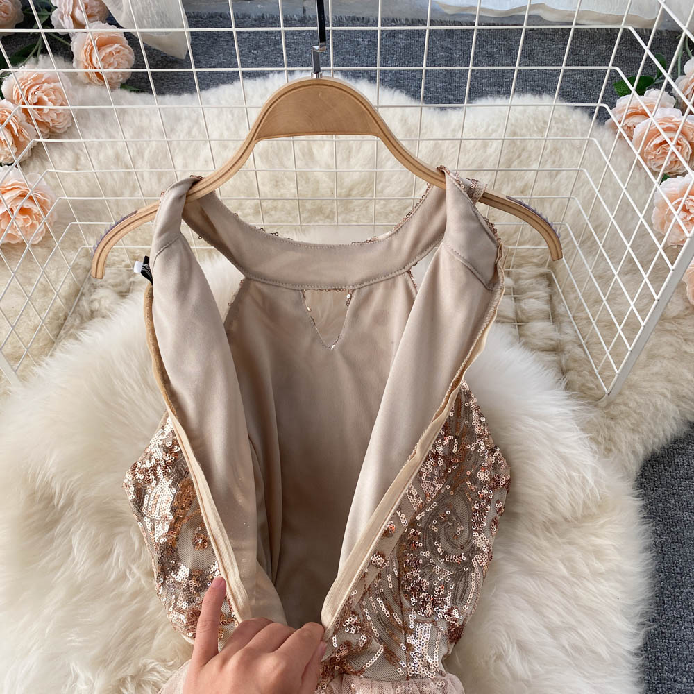 Off-the-shoulder Sequined Mesh Dress