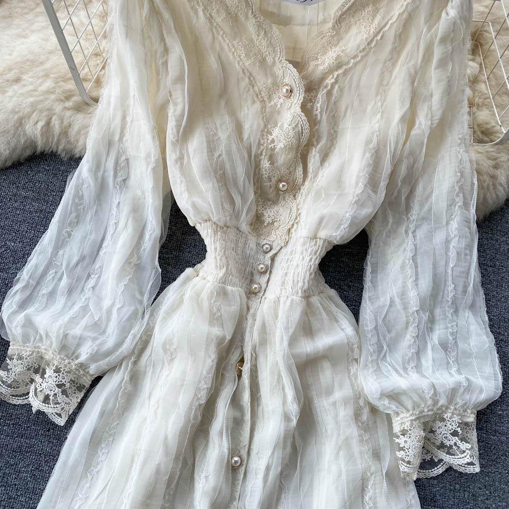 V-neck Single-breasted Long-sleeved Shirt Dress