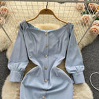 Off-shoulder Single-breasted Blue Dress