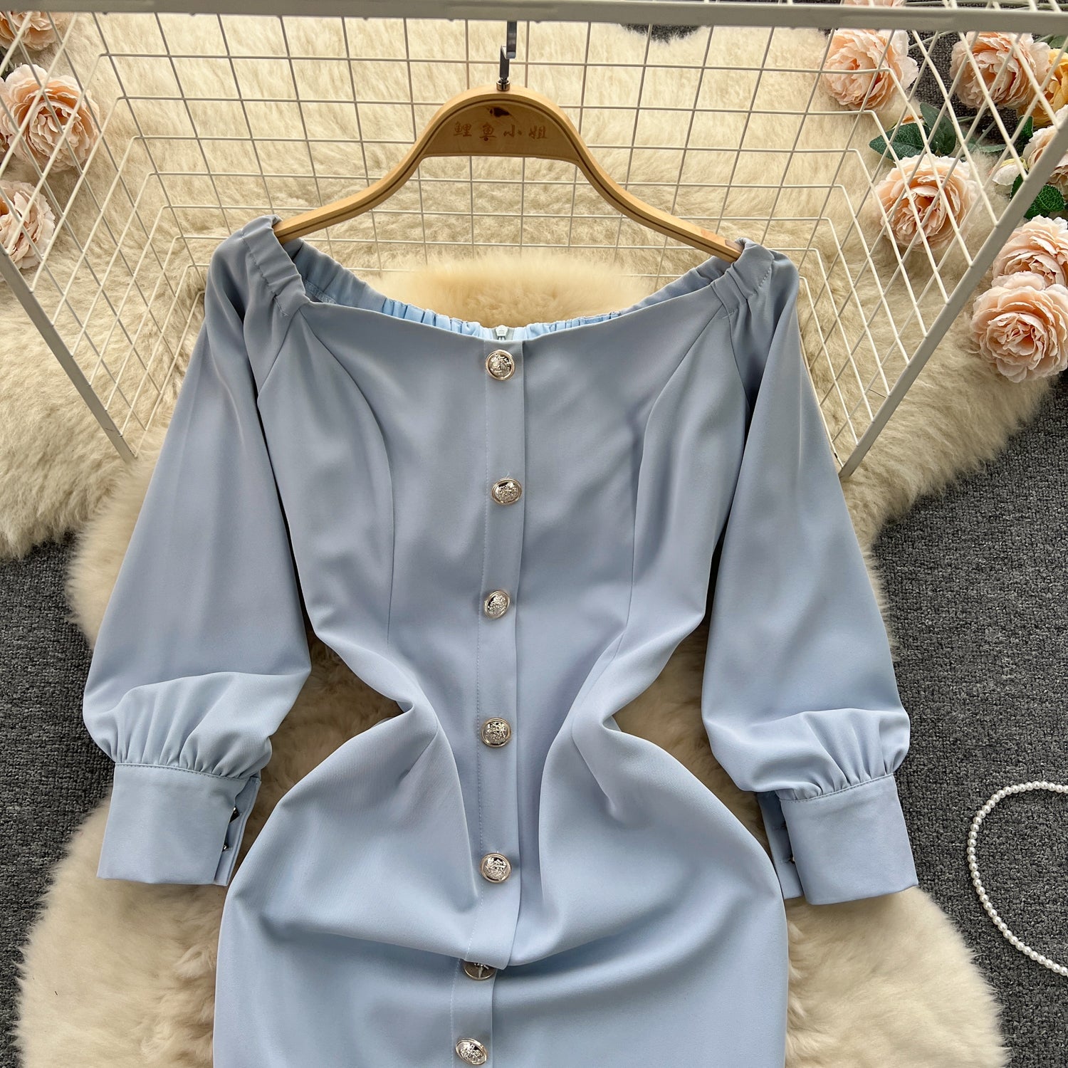 Off-shoulder Single-breasted Blue Dress