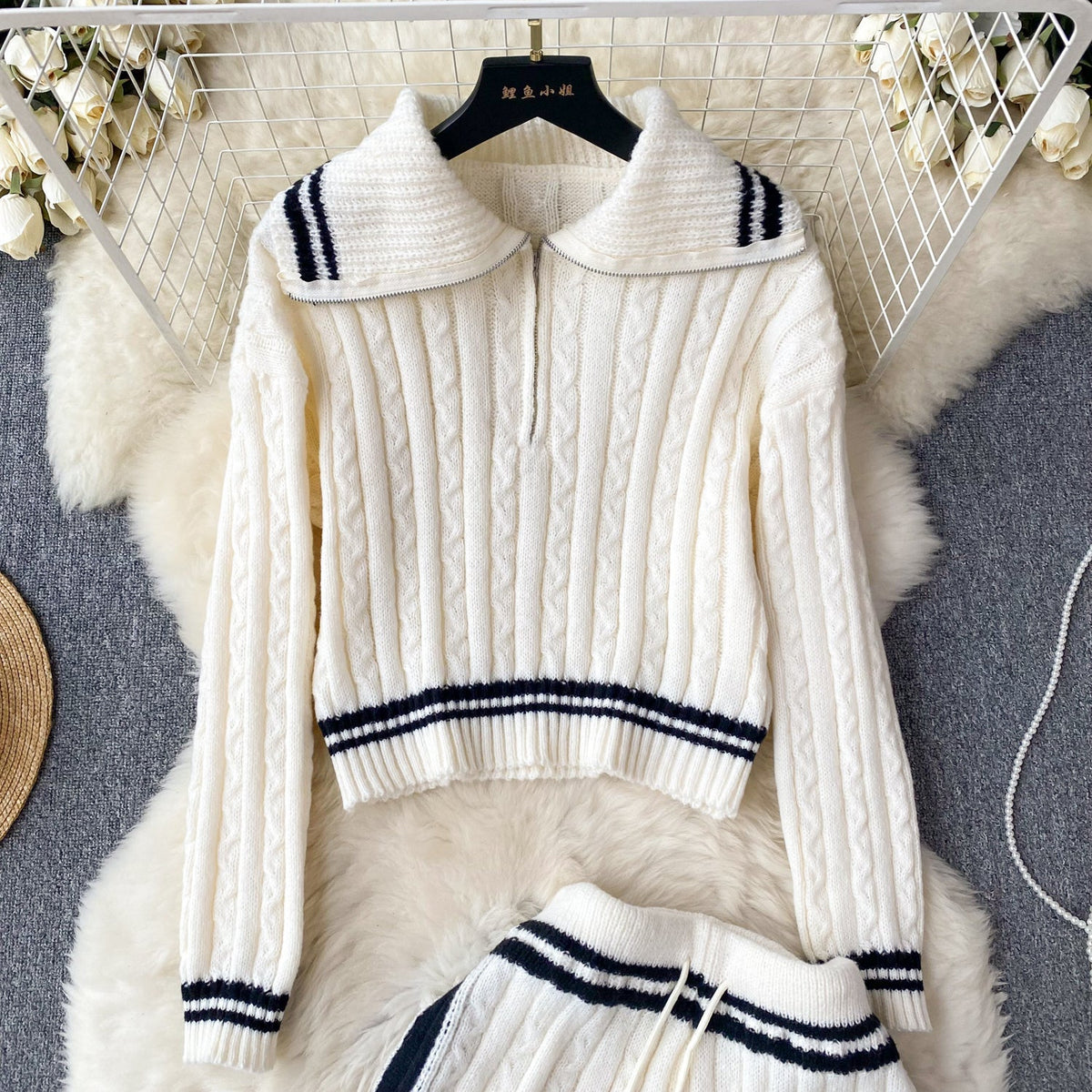 Lapeled Sweater&Shorts Knitted 2Pcs