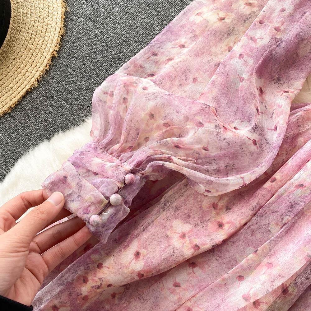 Chiffon Floral V-neck Puff Sleeve Printed Dress