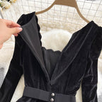 Black Gold Velvet Lace Stitching Dress
