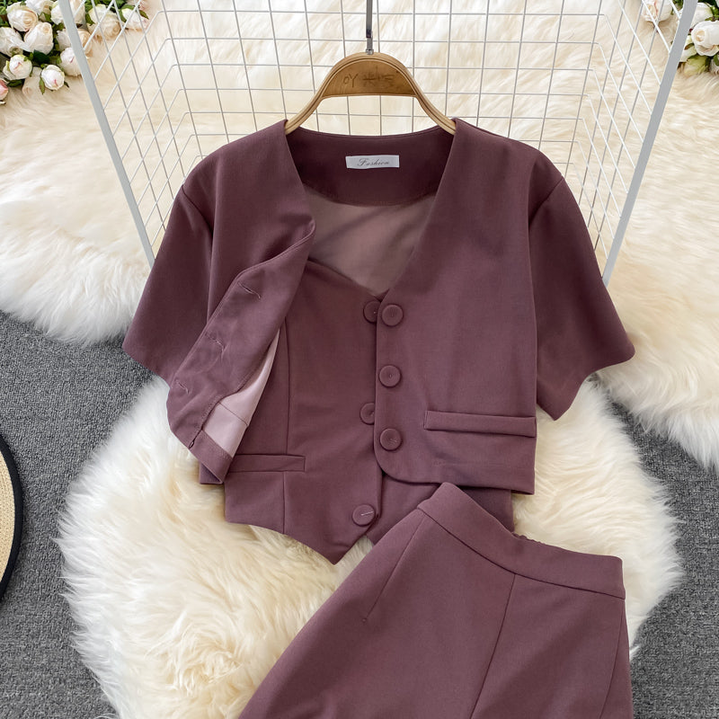 Camisole Short V-Neck Shirt Jacket Long Pants Three Piece