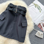 Twin Belt High Waist Suit Skirt