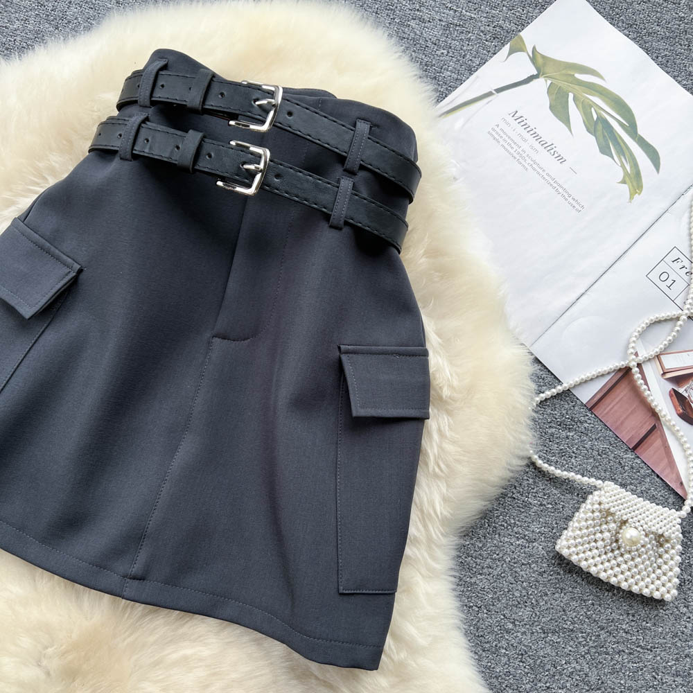 Twin Belt High Waist Suit Skirt