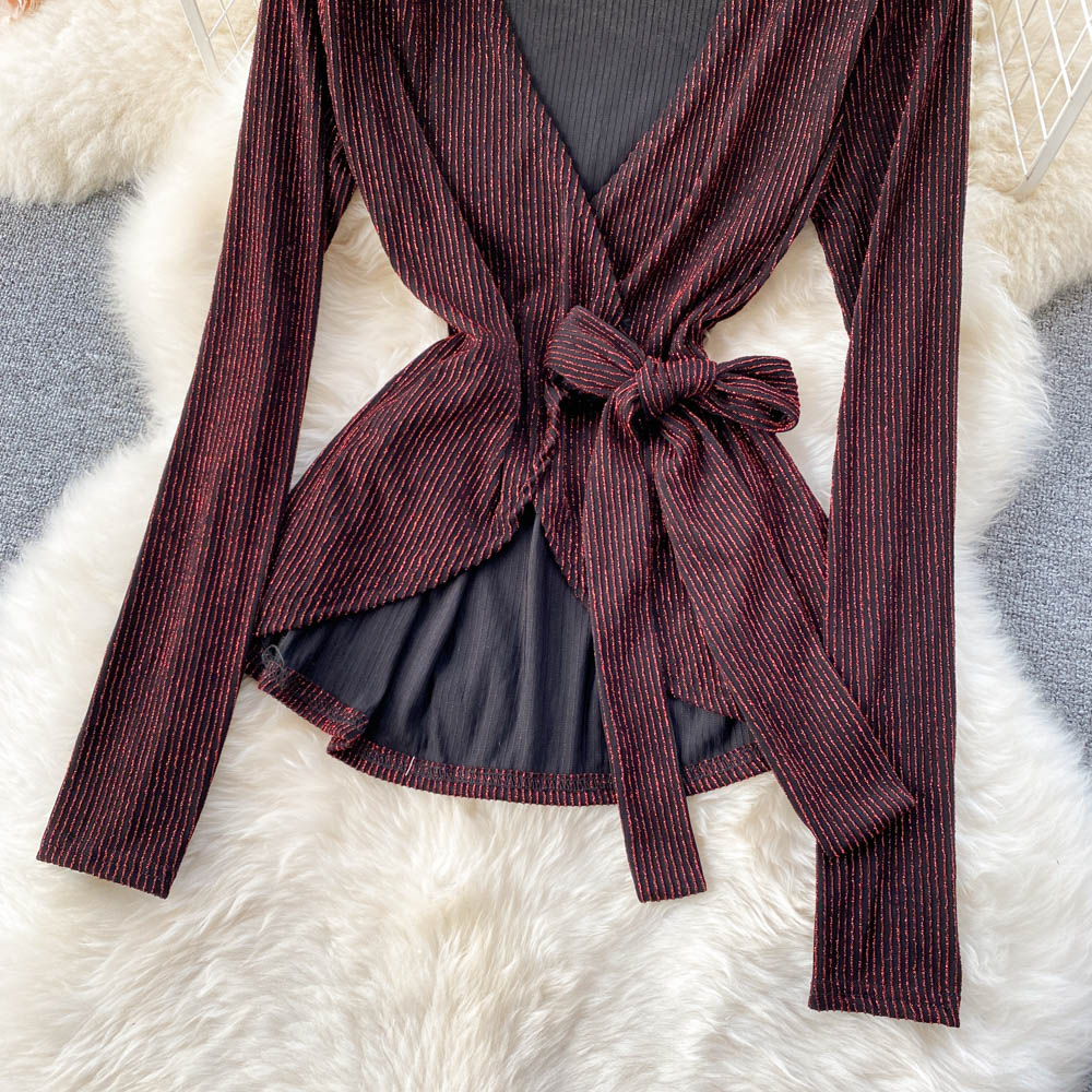 Pit-striped Lace-up Cardigan&Trousers 2Pcs