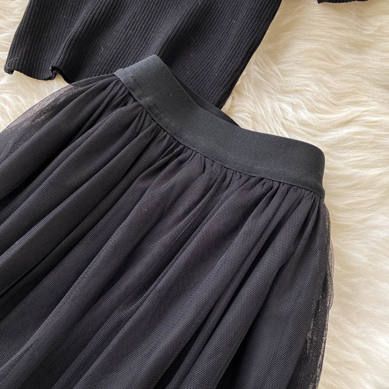 Beaded Knitted Top&Mesh Skirt 2Pcs