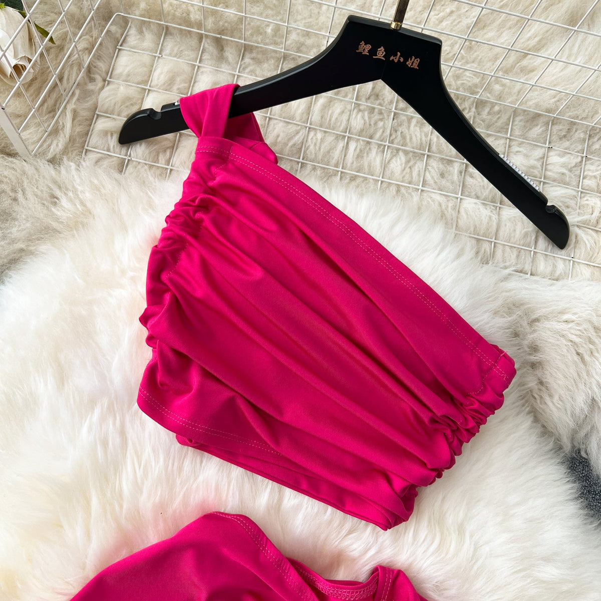 One-shoulder Top&Split Skirt Niche 2Pcs