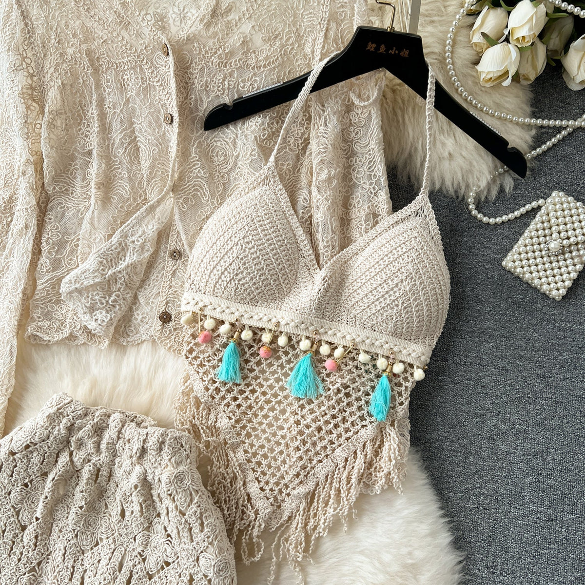 Cardigan&Camisole&Skirt Hollowed 3Pcs