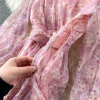 Chiffon Floral V-neck Puff Sleeve Printed Dress