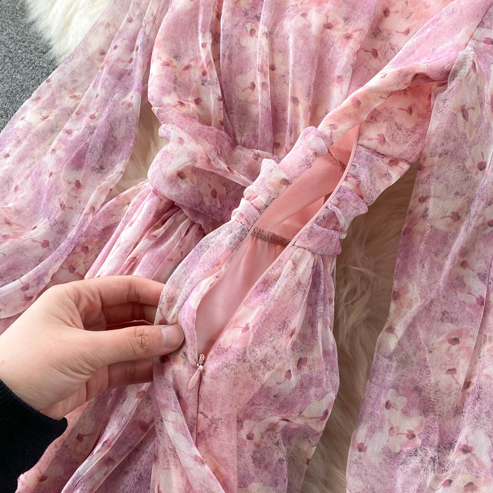 Chiffon Floral V-neck Puff Sleeve Printed Dress