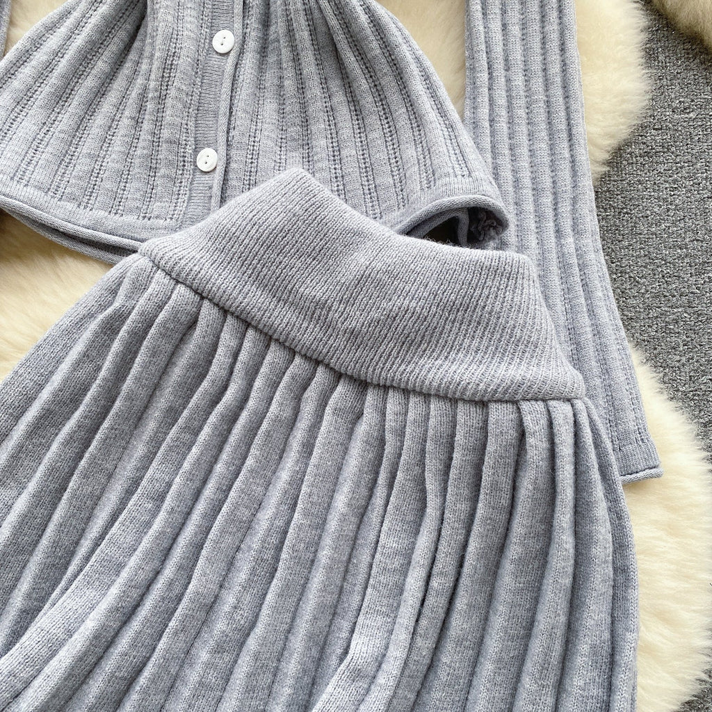 V-neck Cardigan&Pleated Skirt Knitted 2Pcs