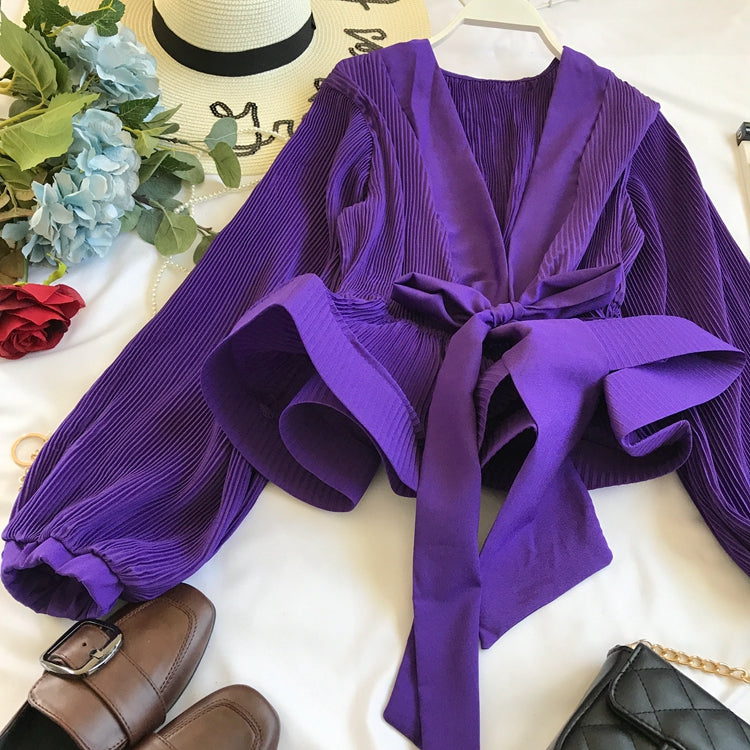V-neck Pleated Tie Bow Ruffled Chiffon Shirt