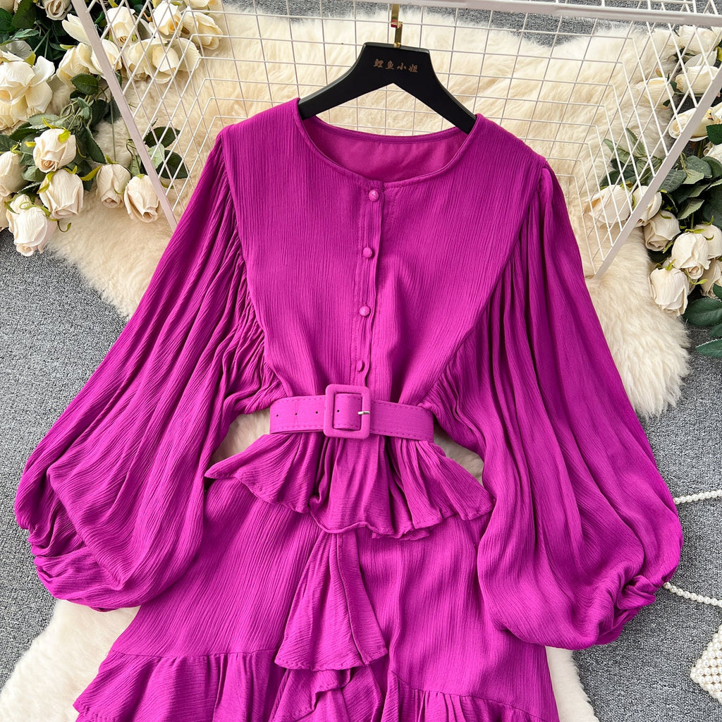 Courtly Puffy Sleeve Ruffled Dress