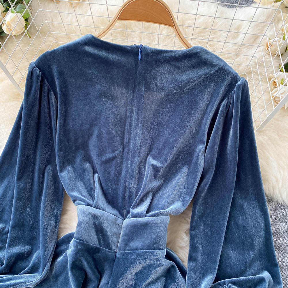 V-neck Waist Velvet Dress