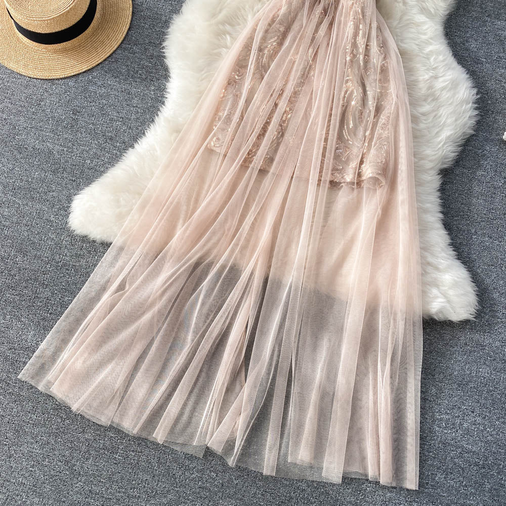 Off-the-shoulder Sequined Mesh Dress