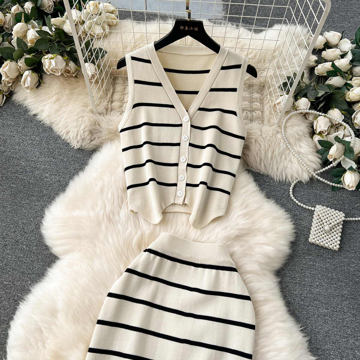 Vintage Striped Cardigan&Half-body Skirt 2Pcs