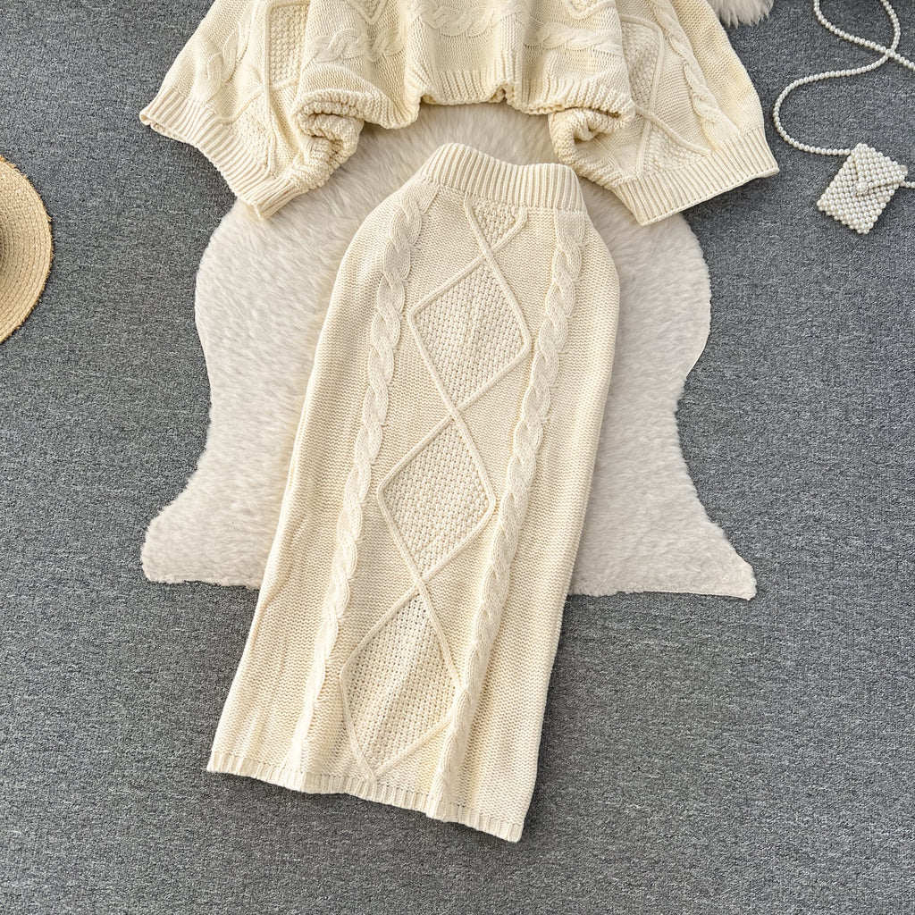 Cable Sweater&Half-body Skirt 2Pcs