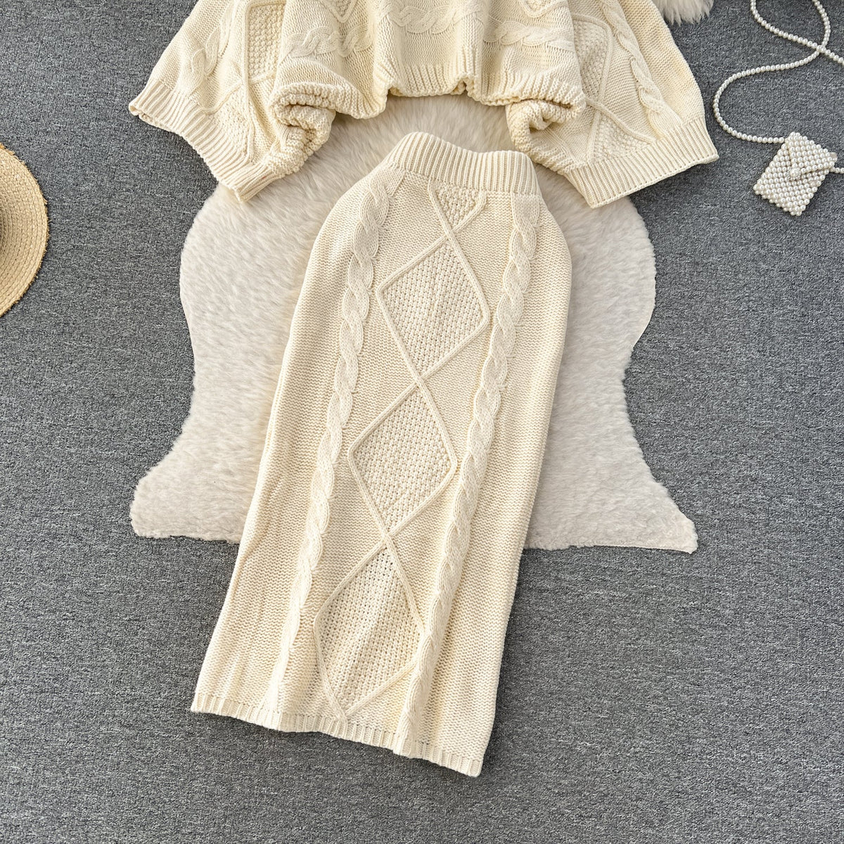Cable Sweater&Half-body Skirt 2Pcs