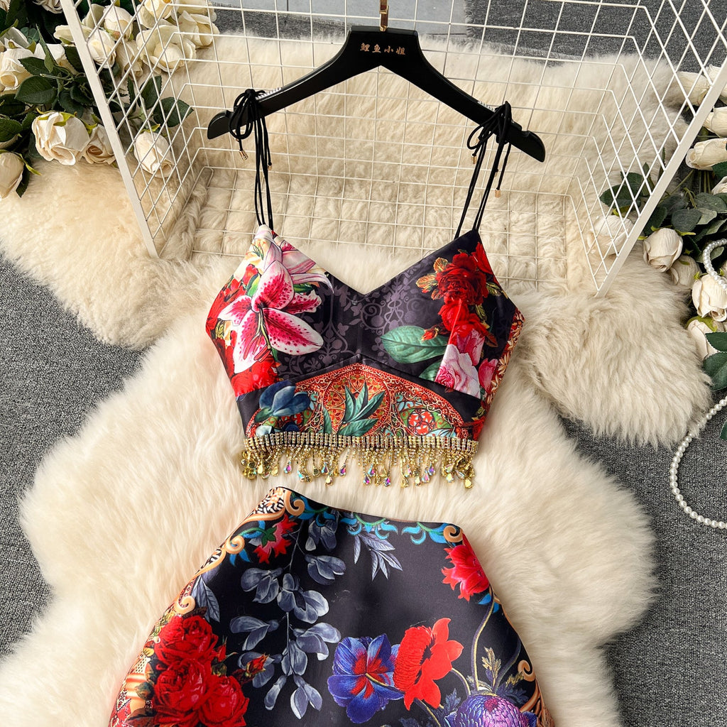 Fringed Camisole&Skirt Floral 2Pcs
