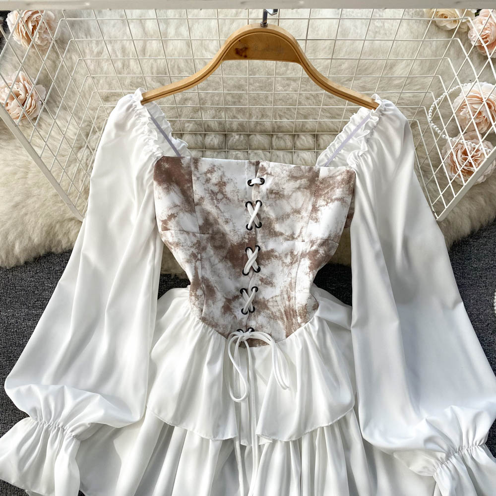 Vintage Off-shoulder Tie-dye Layered Dress