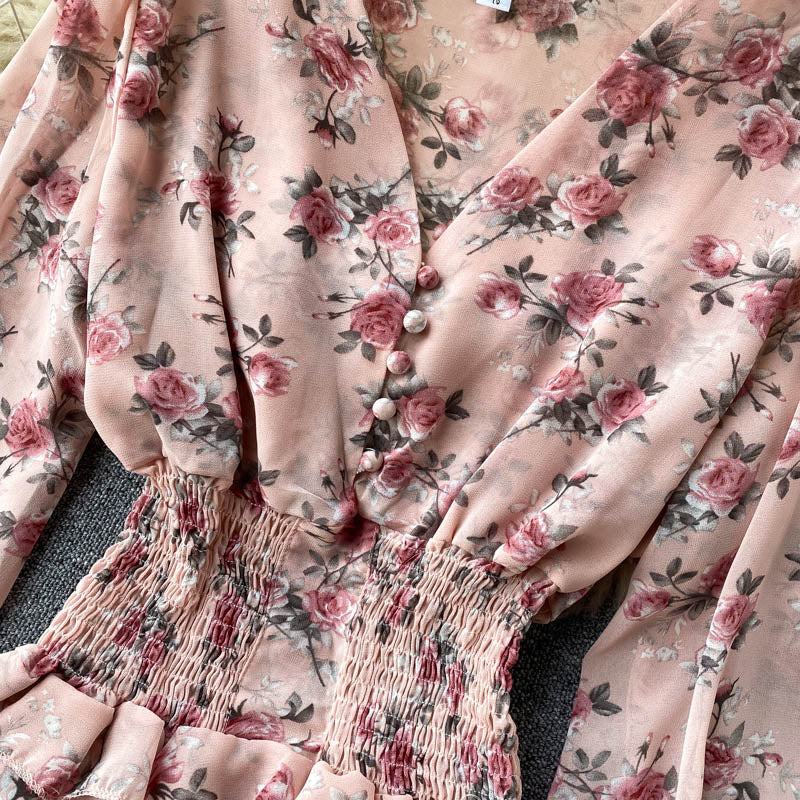Chiffon Ruffle Trim V-neck Floral Top