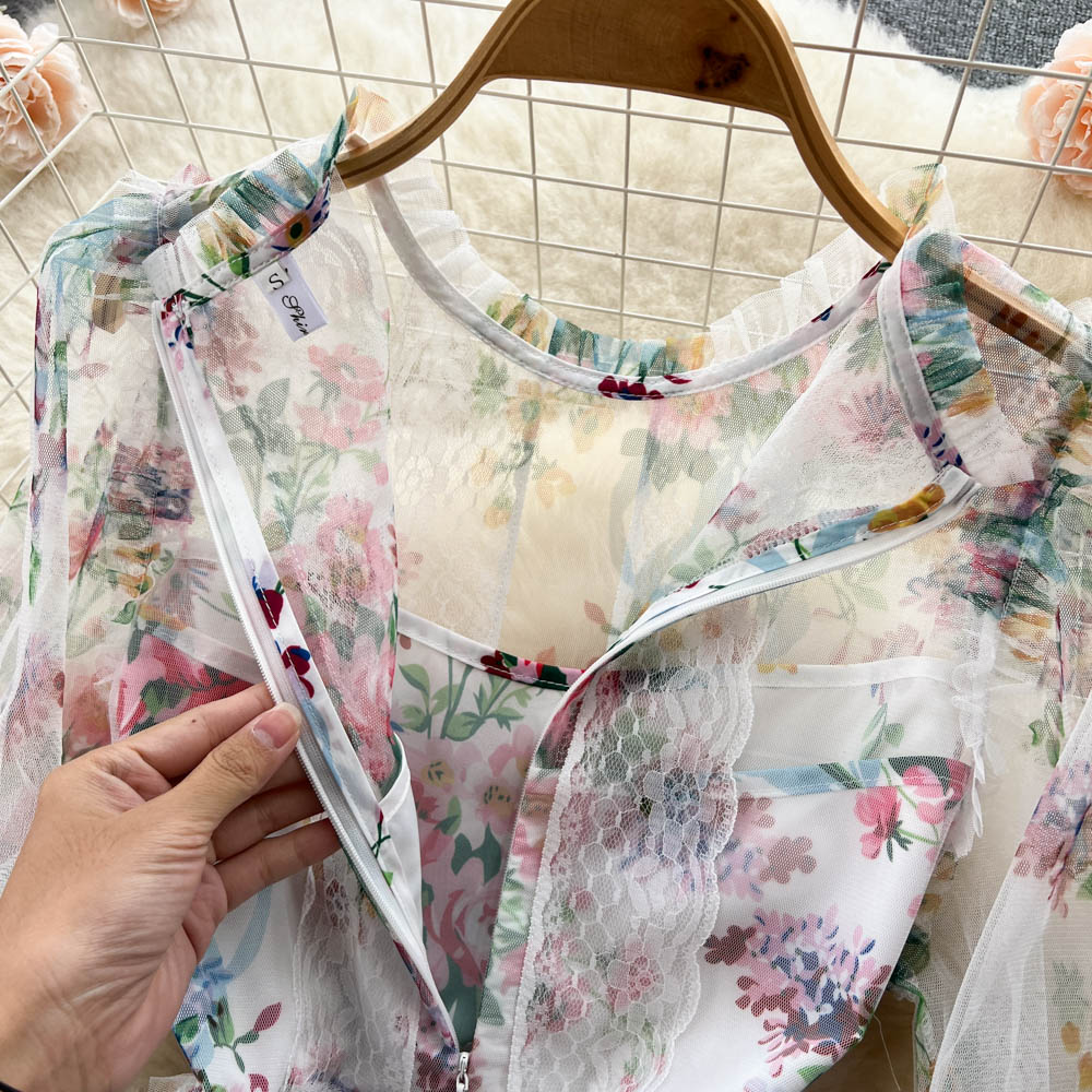 Sweet Floral Printed Lace Dress