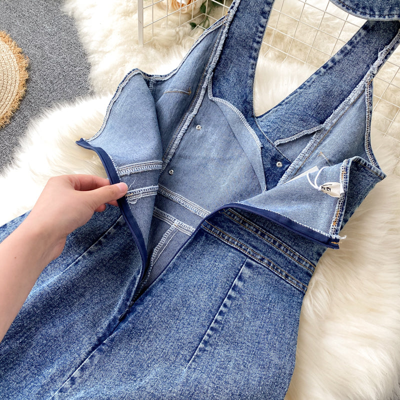 Open Back High Waist Wide Leg Denim Jumpsuit