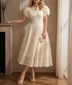 Cream White Floral Lace V-Neck Puff Sleeve Midi Dress