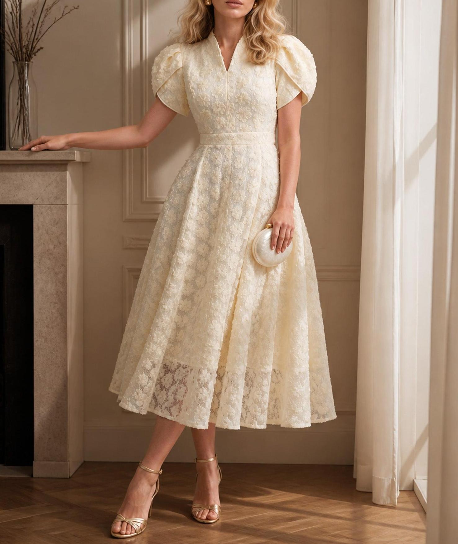 Cream White Floral Lace V-Neck Puff Sleeve Midi Dress
