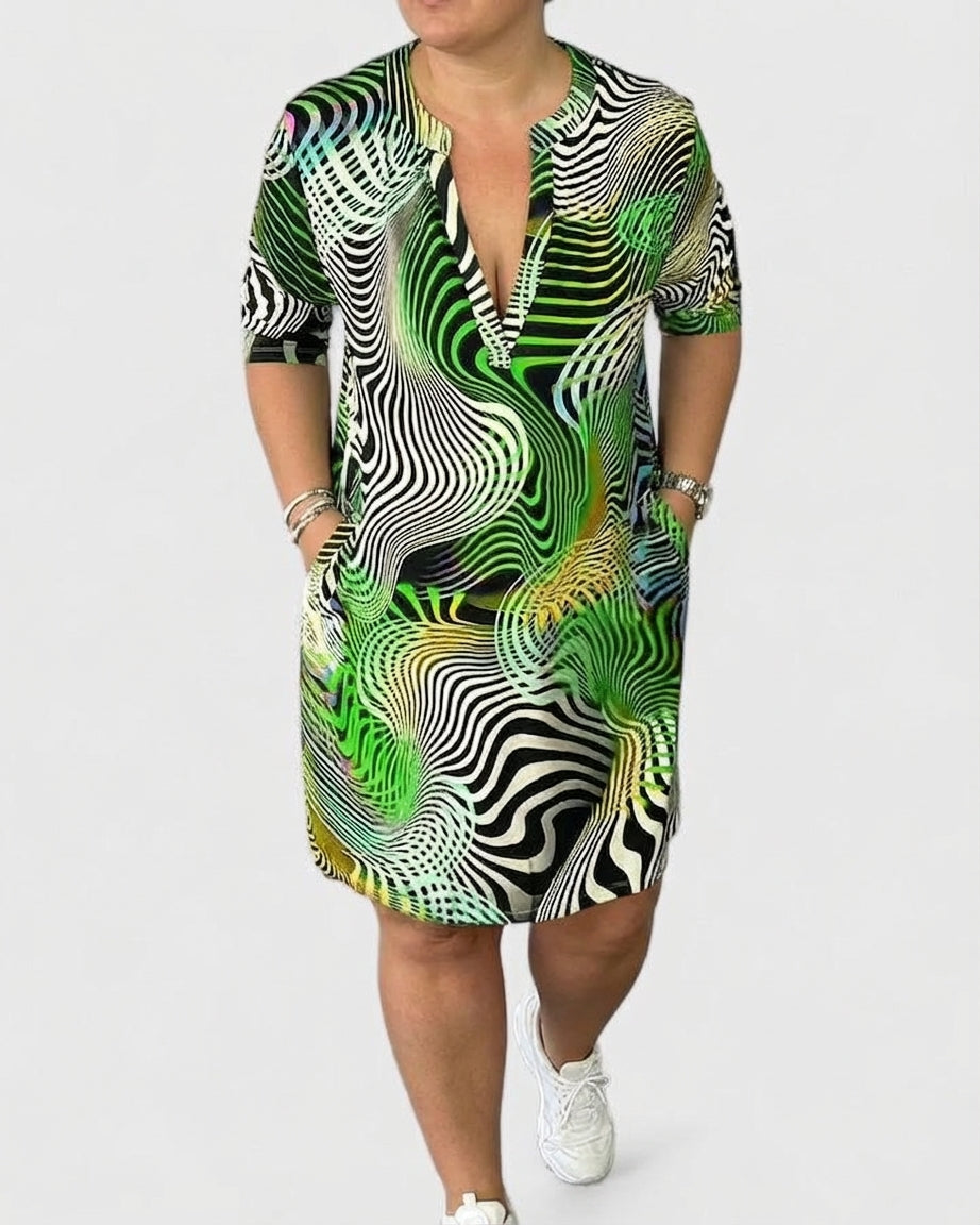 Aaliyah | V-Neck Half-Sleeve Mini Dress, Psychedelic Print