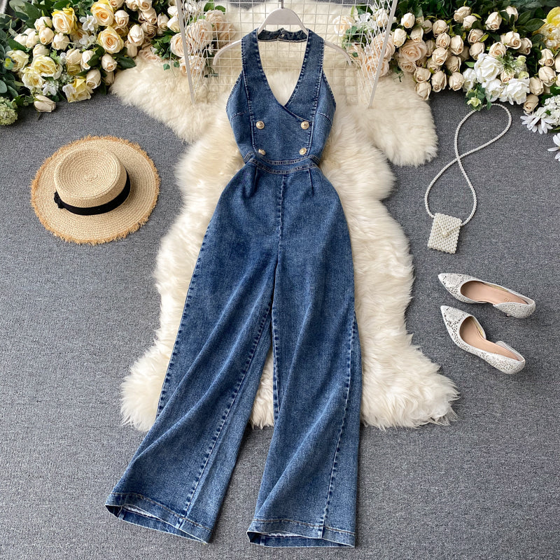 Open Back High Waist Wide Leg Denim Jumpsuit