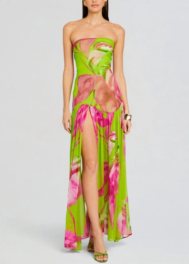 Kaeris Strapless Printed Split Maxi Dress In Green