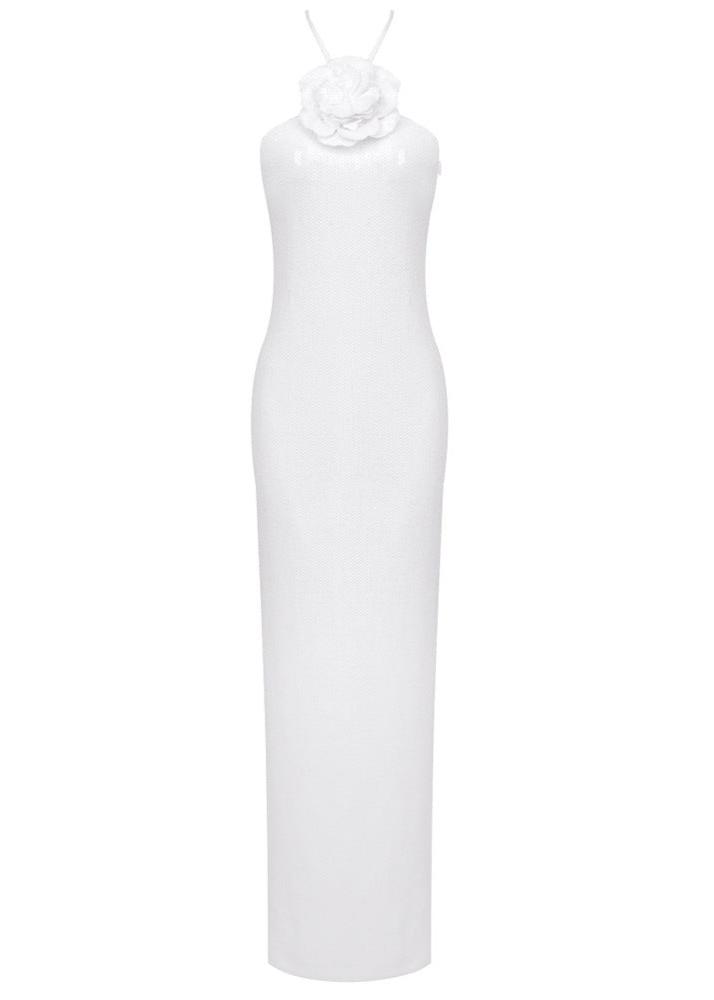 Glitter Rosette Halter Sequined Maxi Dress In White