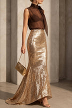 Sleeveless Bow Mock Neck Sheer Top & Sequin Mermaid Maxi Skirt Two‑Piece Set