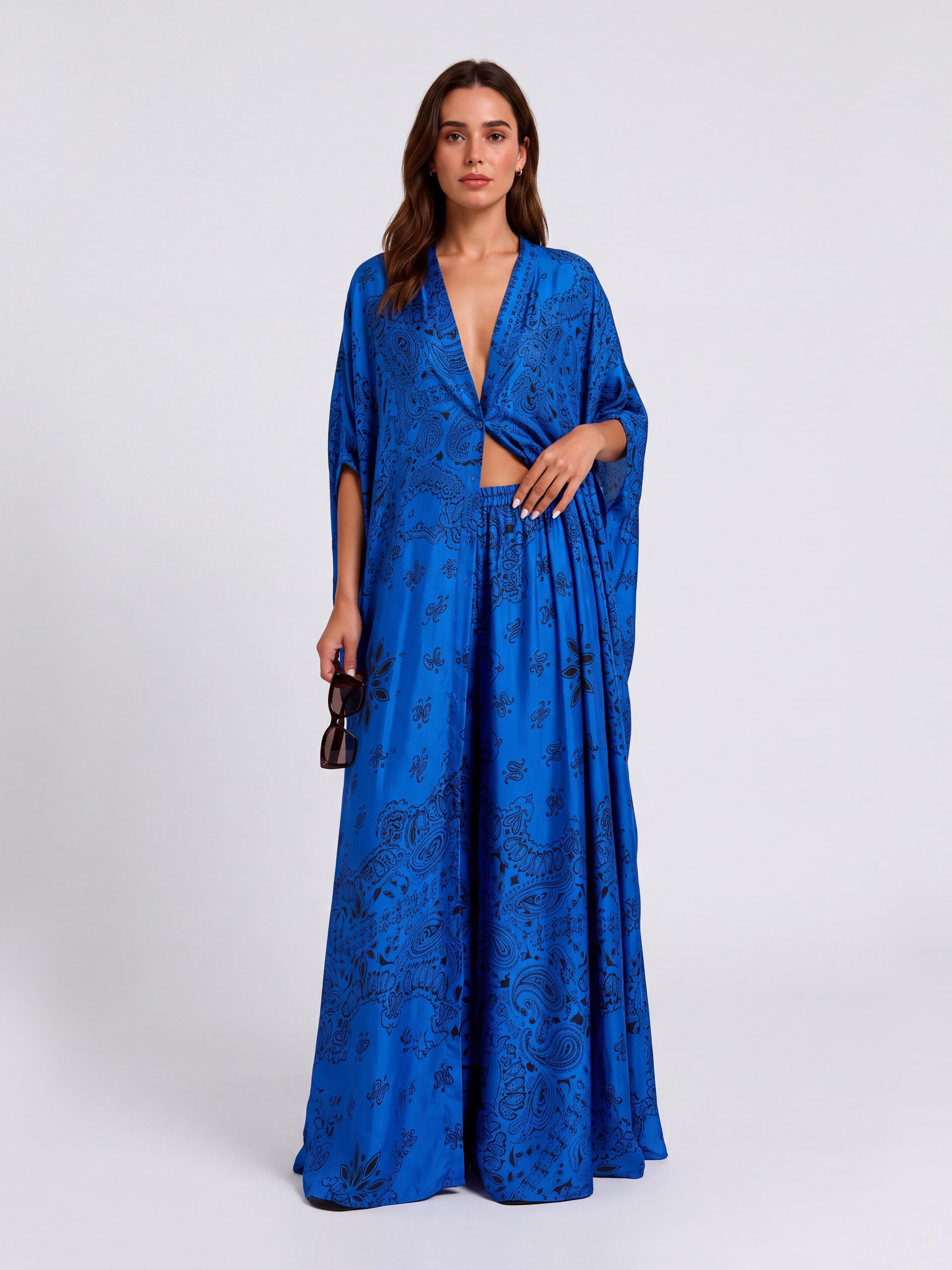 Paisley Print Two-Piece Set / Batwing Deep-V Kaftan Top With Wide-Leg Pants Set / Resort Wear Beach Set
