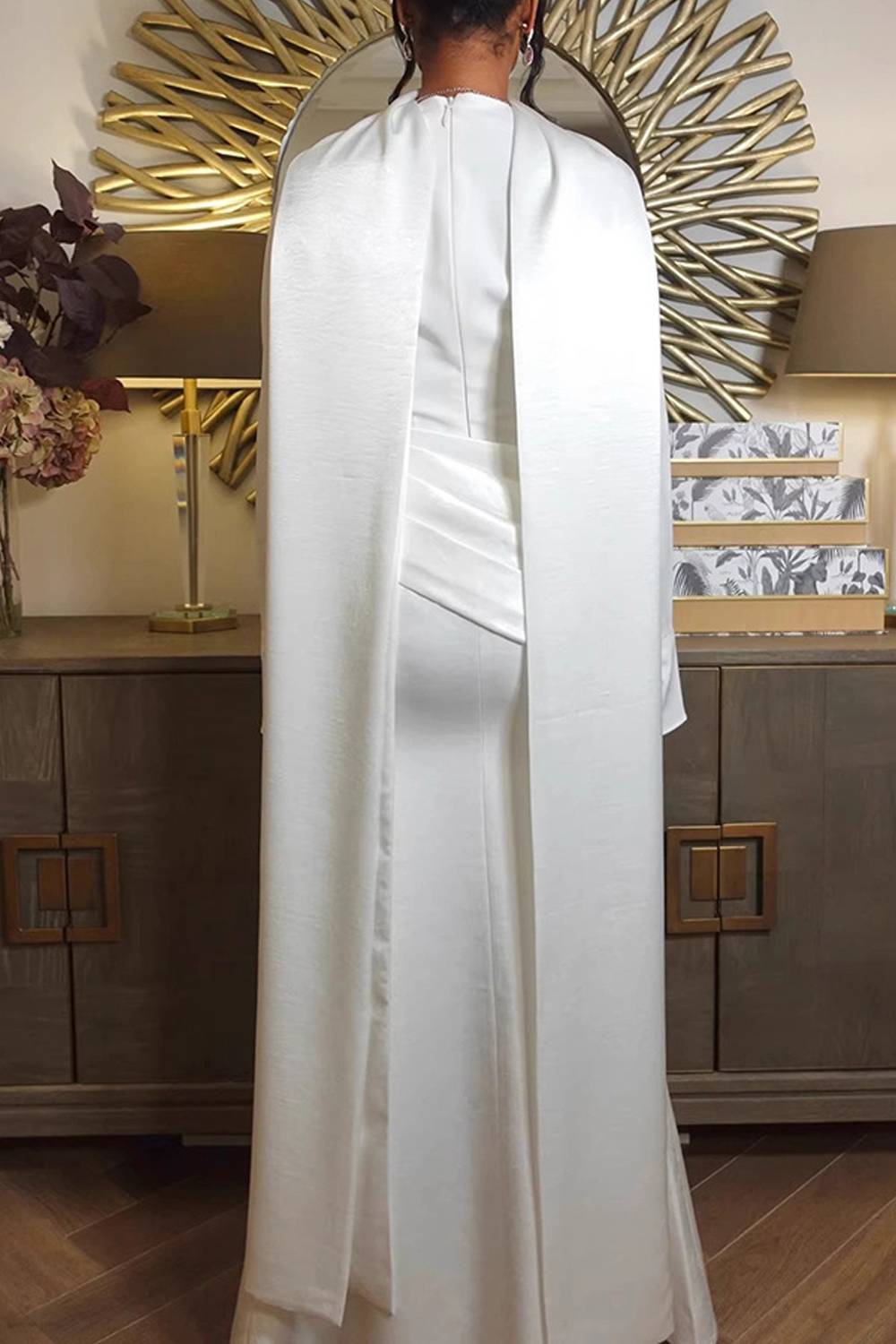 Mock Neck Long Sleeve Draped Waist Floor‑Length Maxi Dress