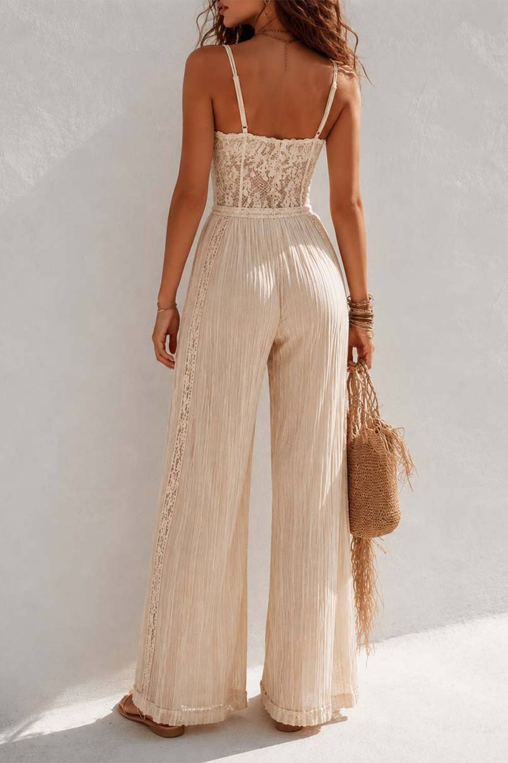 Spaghetti Strap Floral Lace Drawstring Waist Wide‑Leg Boho Jumpsuit