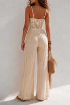 Spaghetti Strap Floral Lace Drawstring Waist Wide‑Leg Boho Jumpsuit