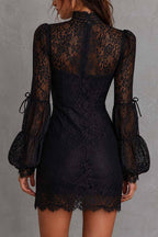 High Neck Keyhole Puff Long Sleeve Lace Bodycon Mini Dress