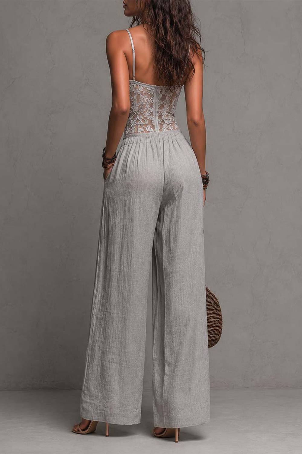 Strap Lace Bodice Elastic Waist Wide‑Leg Jumpsuit With Pockets