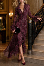 Snake Print Ruffle V‑Neck Long Sleeve Flowy Maxi Dress