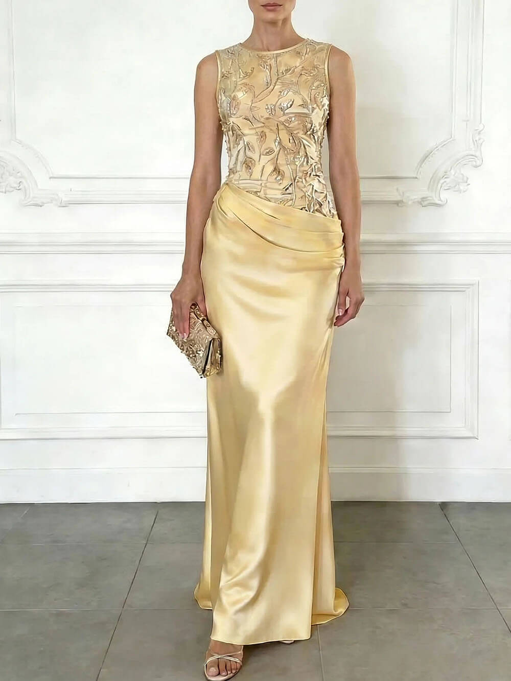 Elegant Light Pink Embroidery Satin Crew Neck Sleeveless Sheath Maxi Dress