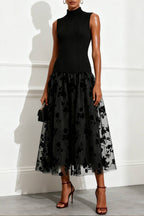 Mock Neck Sleeveless Contrast Floral Tulle Midi Dress