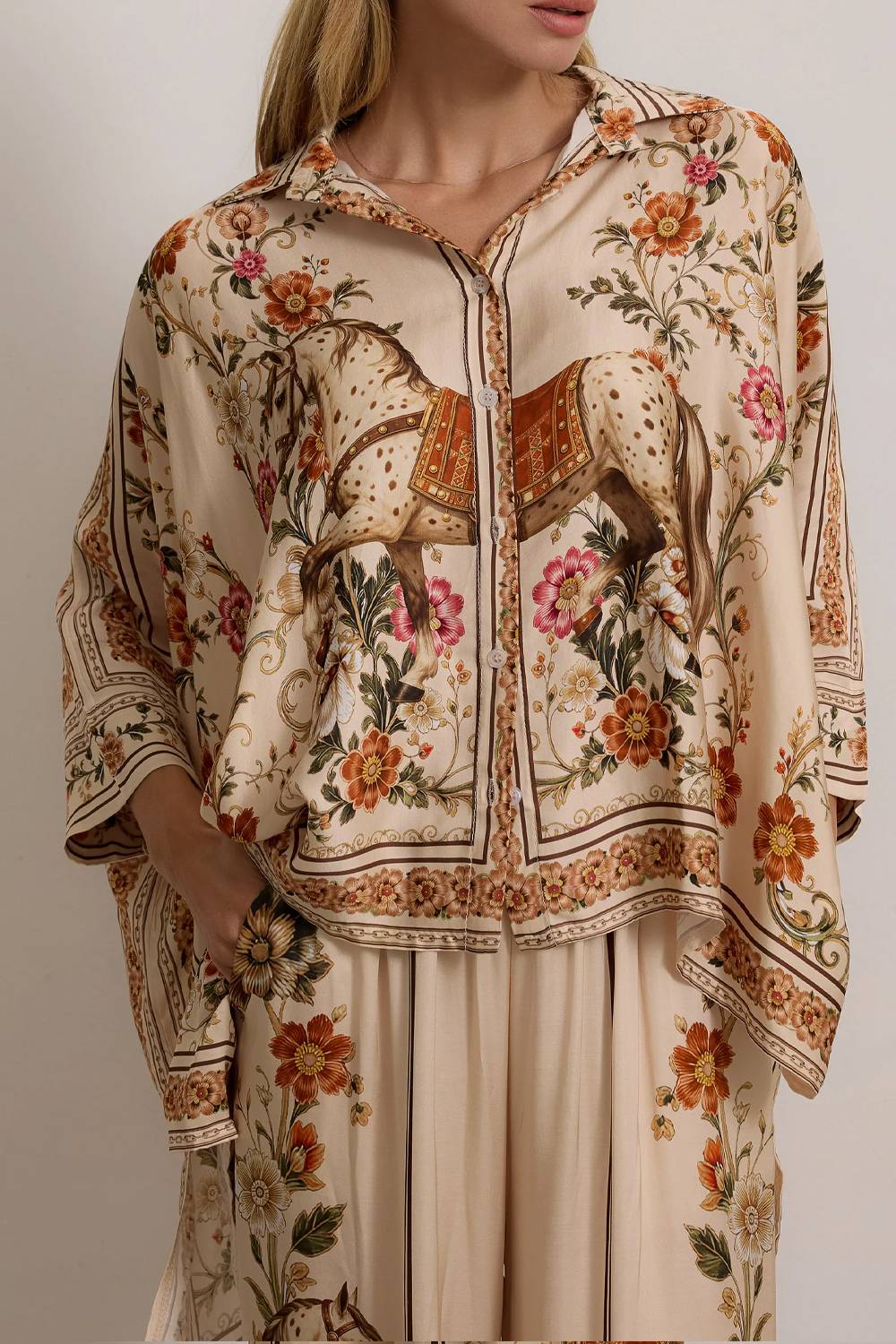 Vintage Horse Floral Print Cape‑Sleeve Shirt & Wide‑Leg Pants Two‑Piece Set