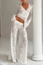 Long‑Sleeve Wrap Lace Crop Top & Flare Pants Two‑Piece Set