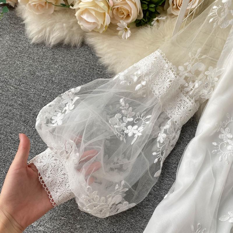 Mesh Lace Embroidered Puff Sleeve Shirt